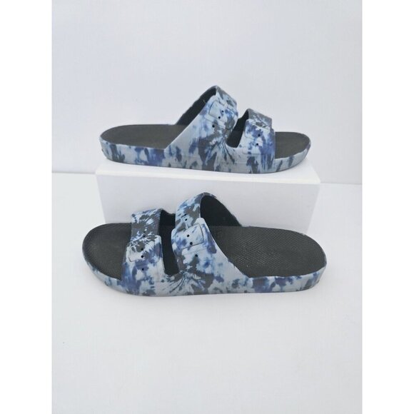 Freedom Moses Blue Black Tie Dye Slip On Faux Buckle Slide Sandals Shoes 9 10 - Picture 1 of 10